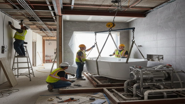 Engineering team installing a commercial whirlpool bathtub with structural reinforcement in a hotel project