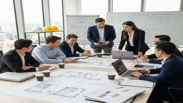 Engineering team reviewing BOQ and technical specifications for a commercial hotel whirlpool bathtub.