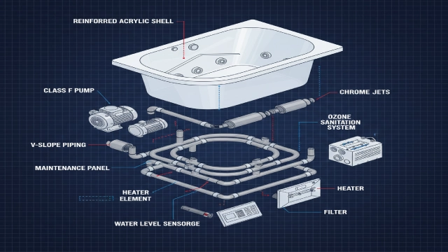 Exploded technical view of a commercial whirlpool bathtub showing pump, V-slope drainage, reinforced shell, ozone sanitation, and service panel.