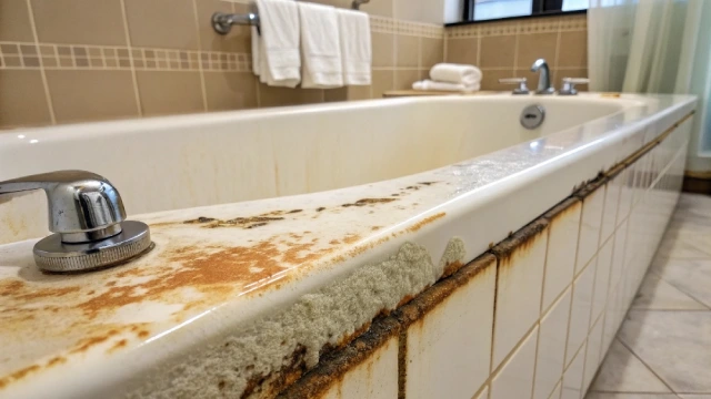 Hard water and mineral deposits causing yellowing on a hotel bathtub surface, highlighting water chemistry as a key factor