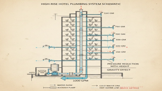 High-rise hotel plumbing diagram illustrating bathtub faucet flow rate reduction on upper floors due to pressure loss