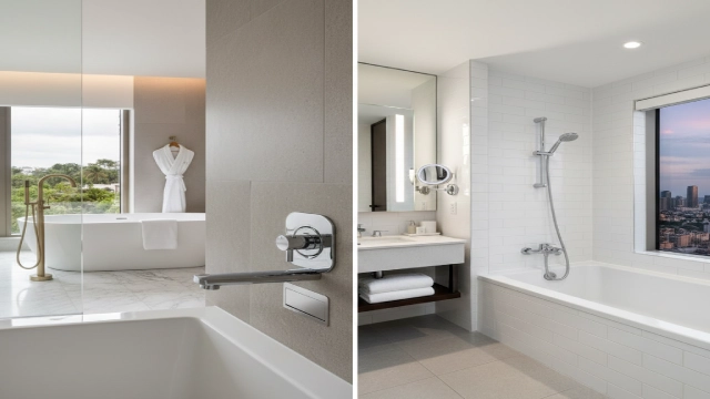Hotel Bathtub Faucet ROI comparison between freestanding luxury suite design and wall-mounted high-rise hotel bathroom