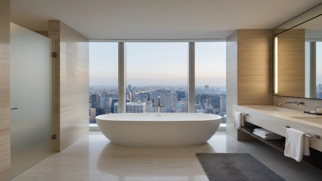 Hotel Bathtub Faucet comparison in a high-rise hotel bathroom showing wall-mounted and freestanding faucet design