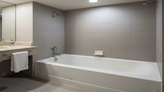 Hotel bathtub showing premature yellowing and surface wear despite regular daily cleaning
