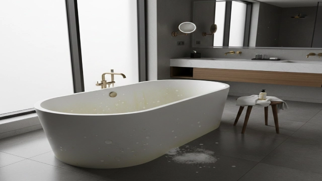 Hotel bathtub that looks dirty despite regular cleaning, showing water spots and soap scum near the drain