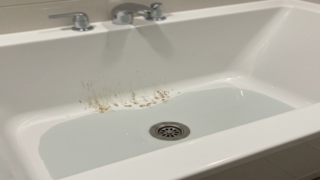 Hotel bathtub with poor drainage design causing water pooling and mineral buildup