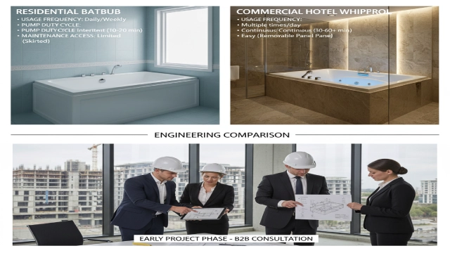 Hotel design team collaborating with whirlpool bathtub manufacturers during the early design stage, reviewing CADBIM drawings and engineering calculations.
