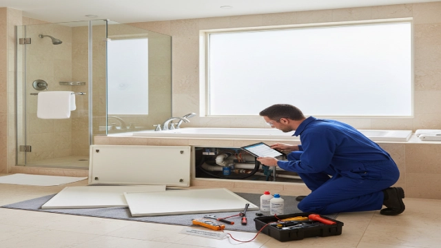 Hotel engineer inspecting commercial whirlpool bathtub access panels installed by professional whirlpool bathtub manufacturers to minimize downtime and ensure hygiene.