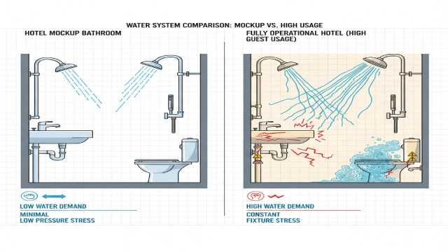 Hotel mockup bathroom versus real operational conditions affecting bathtub faucet performance