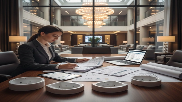 Hotel project manager evaluating whirlpool bathtub manufacturers with architectural plans and bathtub samples on a table, illustrating the importance of supplier choice.