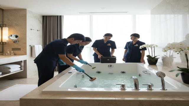 Hotel staff maintaining and cleaning whirlpool bathtub jets, highlighting operational and maintenance aspects