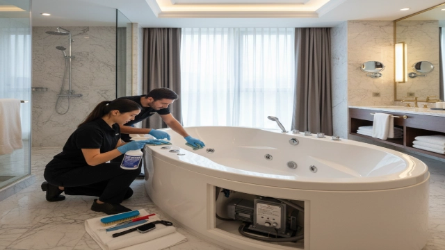 Hotel staff performing monthly deep-clean of a commercial whirlpool bathtub with accessible service panel.