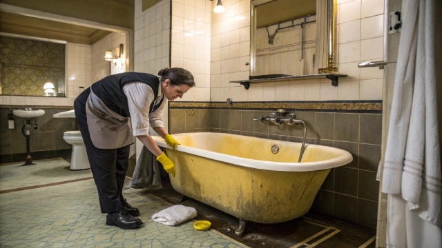 Hotel staff struggling to clean a yellowed bathtub, highlighting the impact on labor efficiency and guest perception