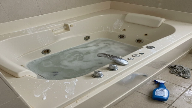 Hotel whirlpool bathtub after daily guest use showing wear, residue, and operational stress in hospitality environments
