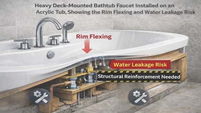 Illustration demonstrating deck-mounted bathtub faucet types and the risk of tub rim flexing in hotels.