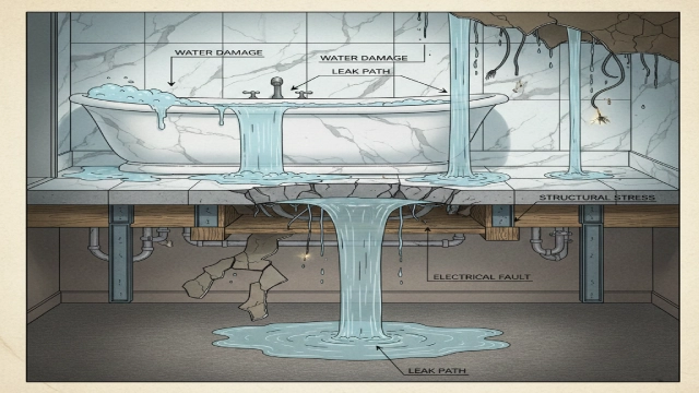 Illustration of a jetted bathtub leak causing water damage to the floor below, showing structural stress and operational losses in a hotel setting.