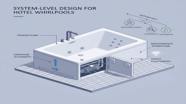 Illustration showing a hotel bathtub designed with system-level thinking, including pump, drainage, access panel, and maintenance workflow.