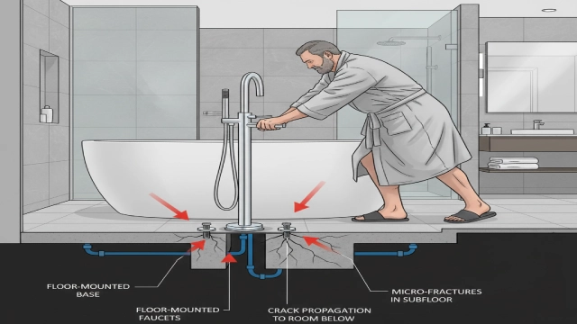 Illustration showing risks of floor-mounted bathtub faucet types in hotels, including subfloor stress and guest interaction.