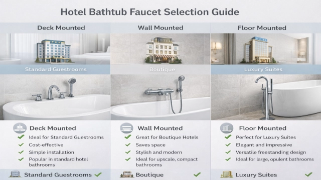 Infographic illustrating bathtub faucet types selection for hotels, including deck mounted, wall mounted, and floor mounted options.