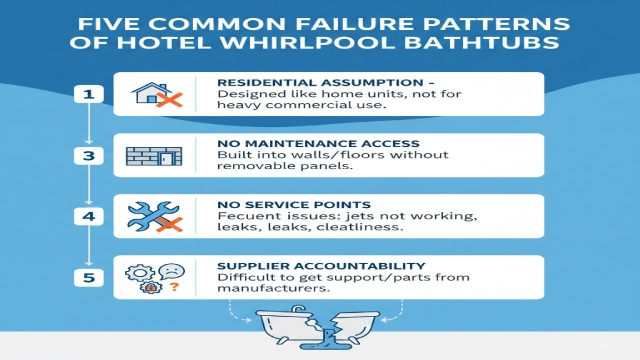 Infographic illustrating the five predictable failure patterns of hotel whirlpool bathtubs.