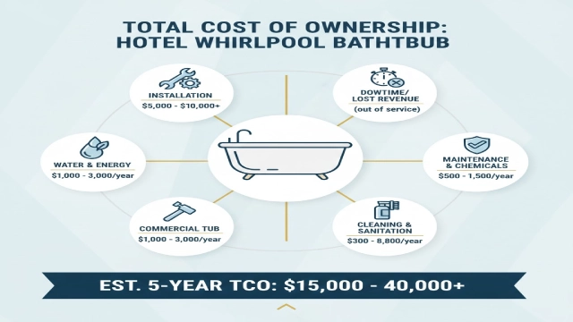 Infographic illustrating the total cost of ownership for a whirlpool bathtub in hotel projects, including unit cost, installation, maintenance, and operational expenses