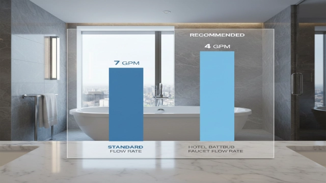 Infographic showing bathtub faucet flow rate comparison between standard code-compliant and operationally recommended values in hotels