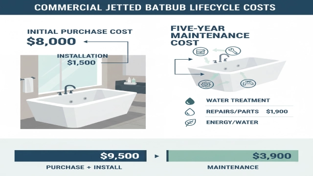 Infographic showing lifecycle costs of a commercial jetted bathtub in hotels, with maintenance costs exceeding initial purchase price.