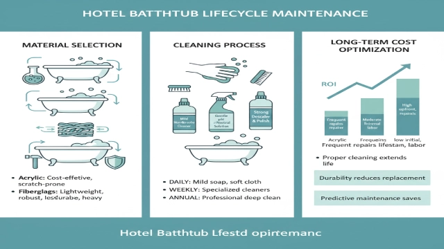 Lifecycle maintenance infographic showing bathtub material selection, cleaning optimization, and cost management