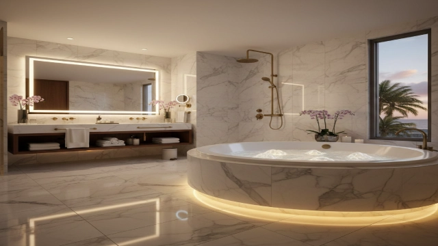 Luxurious hotel bathroom featuring a whirlpool bathtub, marble floors, and modern fixtures, representing high-end resort installations