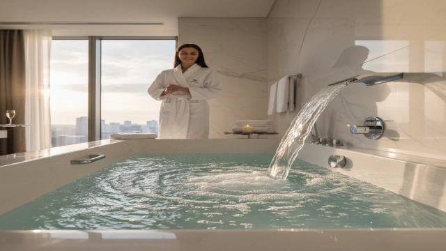 Luxury hotel bathtub being filled to demonstrate practical bathtub faucet flow rate and guest wait time