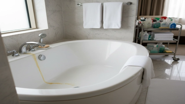 Luxury hotel bathtub showing partial yellowing and soap stains, illustrating common high-occupancy cleaning challenges