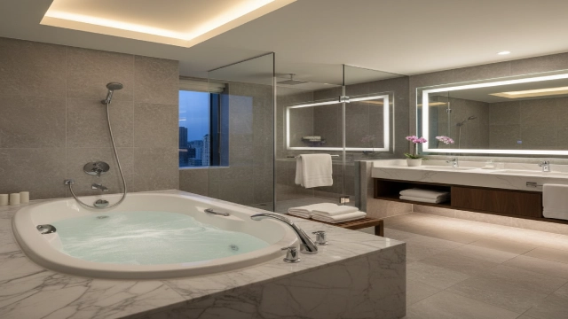 Luxury hotel suite bathroom featuring a commercial-grade whirlpool bathtub.