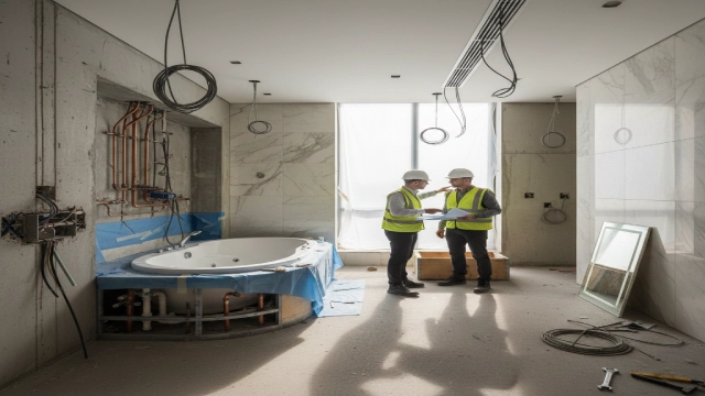 Luxury hotel suite under construction with a jetted bathtub; engineers discuss MEP piping, illustrating common early-stage project challenges.