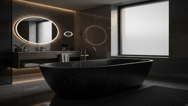Matte black hotel bathtub showing visible water marks and fingerprints after daily use
