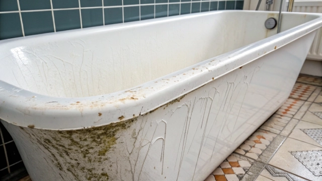 Micro-pitted bathtub surface showing erosion and loss of gloss from aggressive cleaning chemicals
