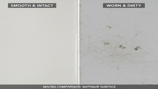 Micro-scratches on a hotel bathtub surface trapping dirt and increasing cleaning labor