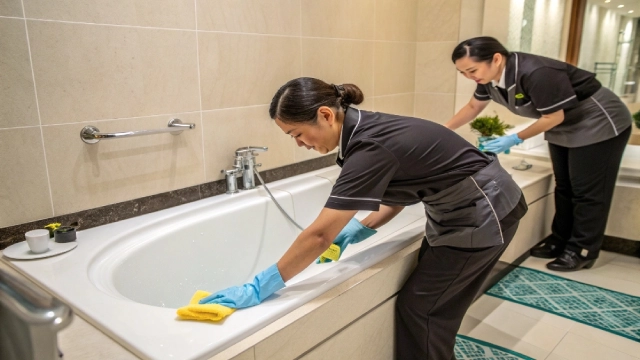 Proper bathtub cleaning method using microfiber cloths and localized treatment on grout