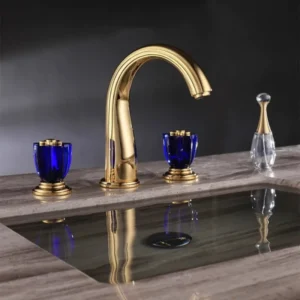 41319 Crystal Lotus Design Double Handle Deck-mounted Brass Gold Bathroom Basin Faucet