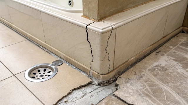 Structural bathtub crack near drain causing water leakage risk in hotel bathrooms