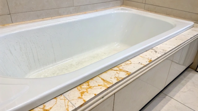 Yellowing and loss of gloss on hotel bathtub caused by material degradation and chemical reaction