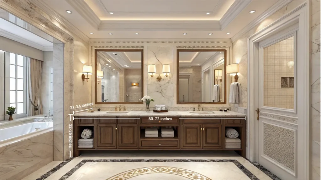 Standard double vanity dimensions diagram showing 60-72 inch width and 32-36 inch height for hotel bathroom renovations.