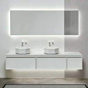 NW-AN04 Contemporary Wall-mounted Bathroom Cabinet Set with Double Countertop Basins and Grooved Light