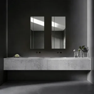 NW-AN01 Minimalist White Marble Wall-mounted Integrated Double Basins Bathroom Vanity Unit