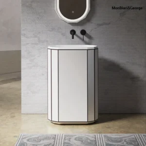 BERYL Modern Octagonal Pedestal Sink | White Geometric Freestanding Basin with Black Trim | MR-Z86611