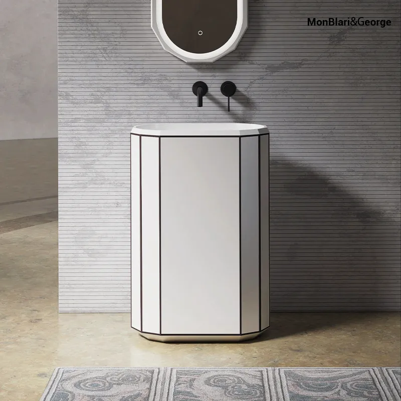 BERYL Modern Octagonal Pedestal Sink | White Geometric Freestanding Basin with Black Trim | MR-Z86611