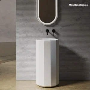 MonBlari BERYL Round Pedestal Sink | Matte White Solid Surface | Faceted Geometric Freestanding Basin H-MR-Z86609