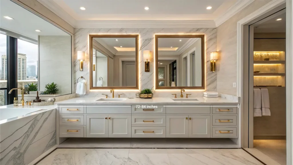 Luxury master bathroom featuring a spacious 72-inch double vanity designed for high-end hotel suites