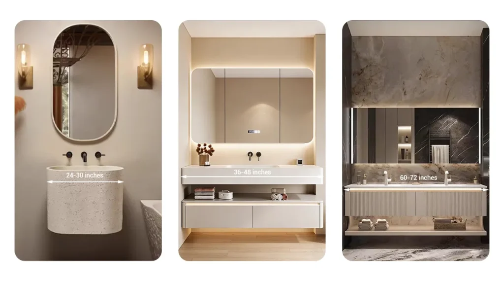 Infographic categorizing popular vanity sizes into small (24-30"), standard (36-48"), and double (60-72") tiers to speed procurement decisions.