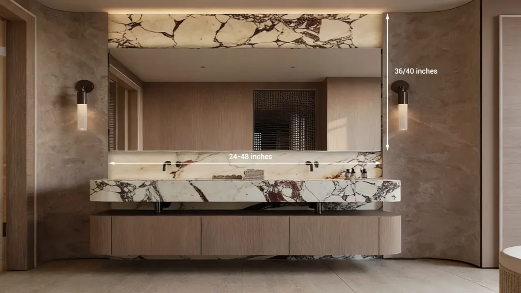 A tall hotel bathroom mirror reflecting light to make a compact hospitality restroom feel spacious and luxurious.