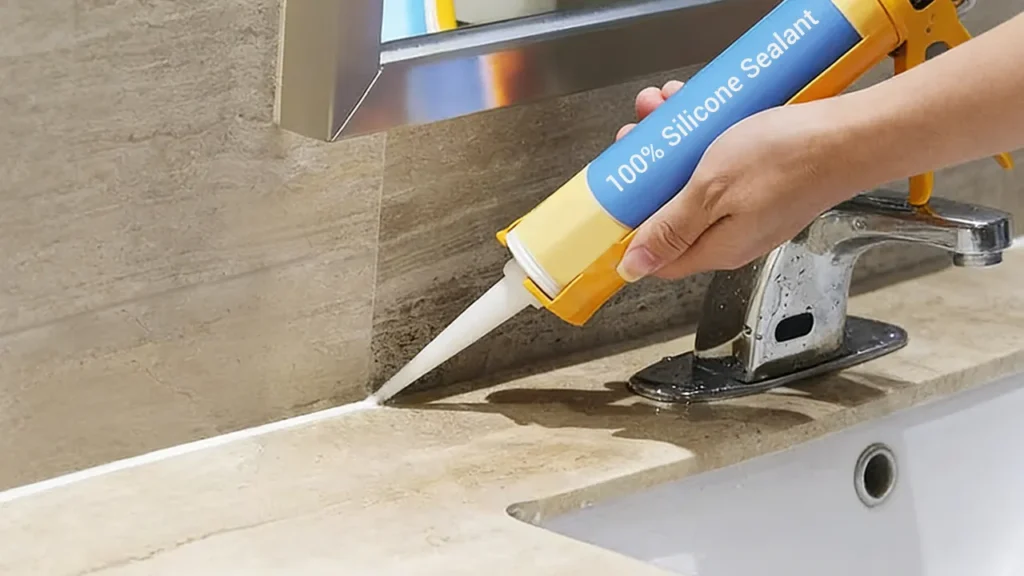 Applying 100% silicone sealant to a bathroom vanity frame to create a flexible, waterproof bond for heavy commercial use.